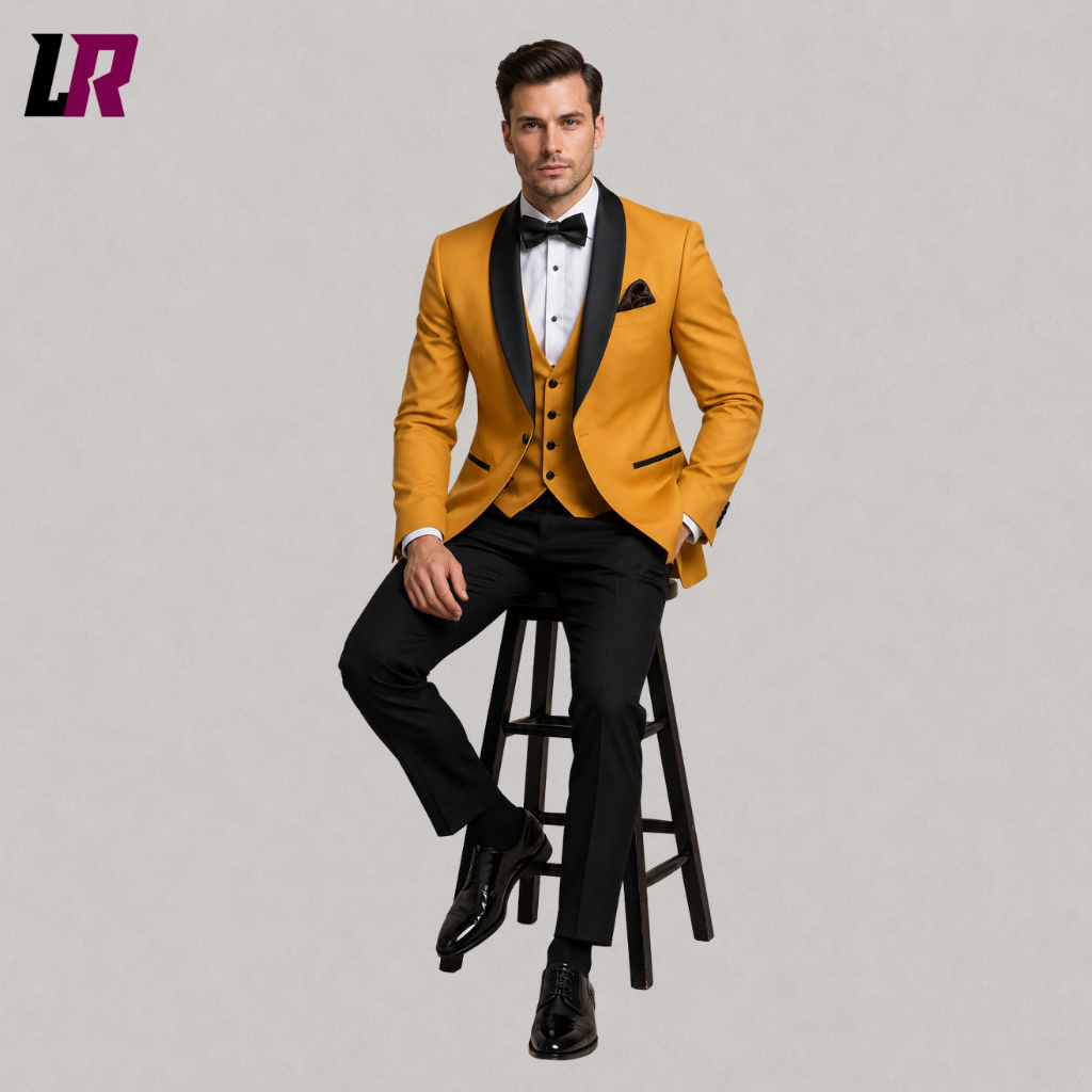 Man sitting on a stool wearing a mustard gold 3-piece tuxedo with black shawl lapels for weddings and formal events