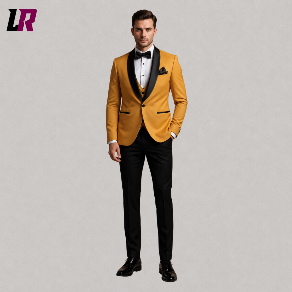 Front view of a men's mustard gold 3-piece tuxedo with black shawl lapel, matching waistcoat, and tailored trousers
