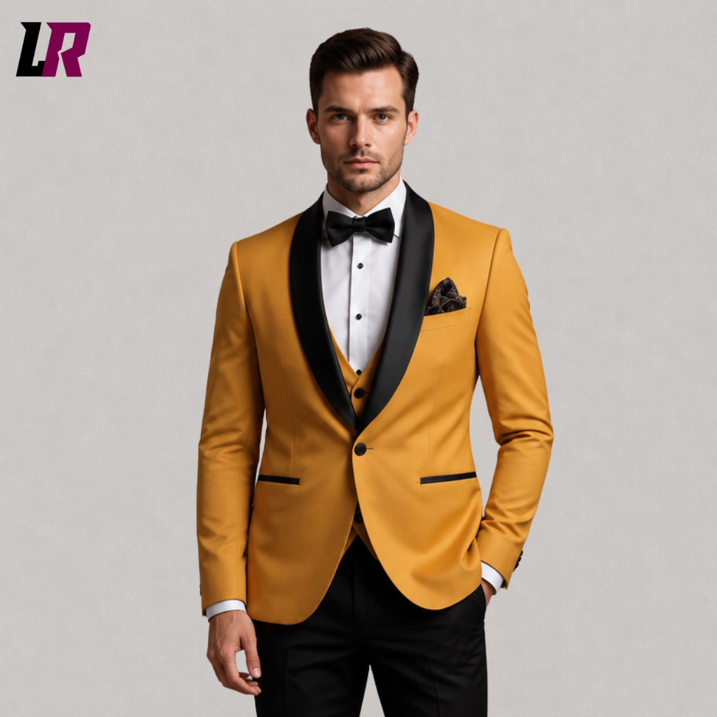 Close-up of a men's mustard gold tuxedo featuring a black satin shawl lapel, premium tailoring, and luxury craftsmanship