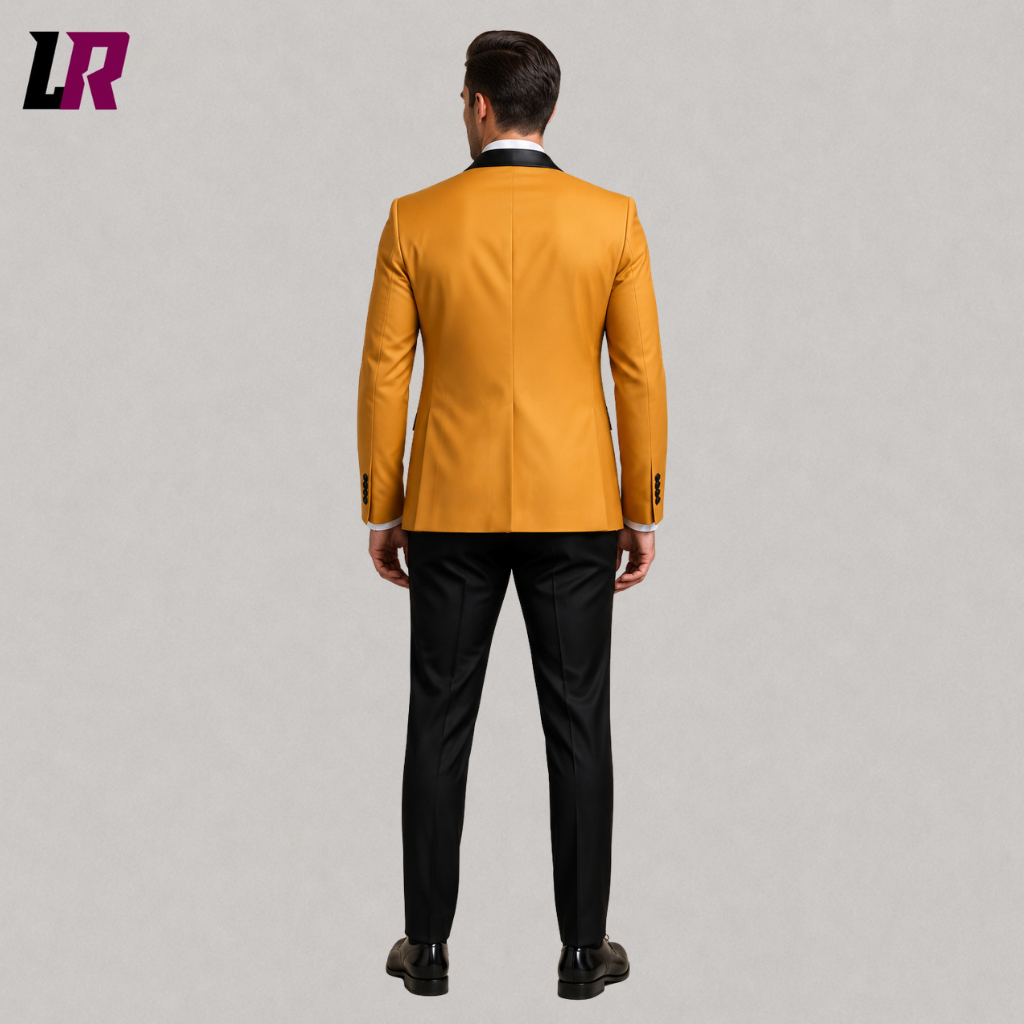 Back view of a men's mustard gold formal tuxedo showing the elegant tailored silhouette