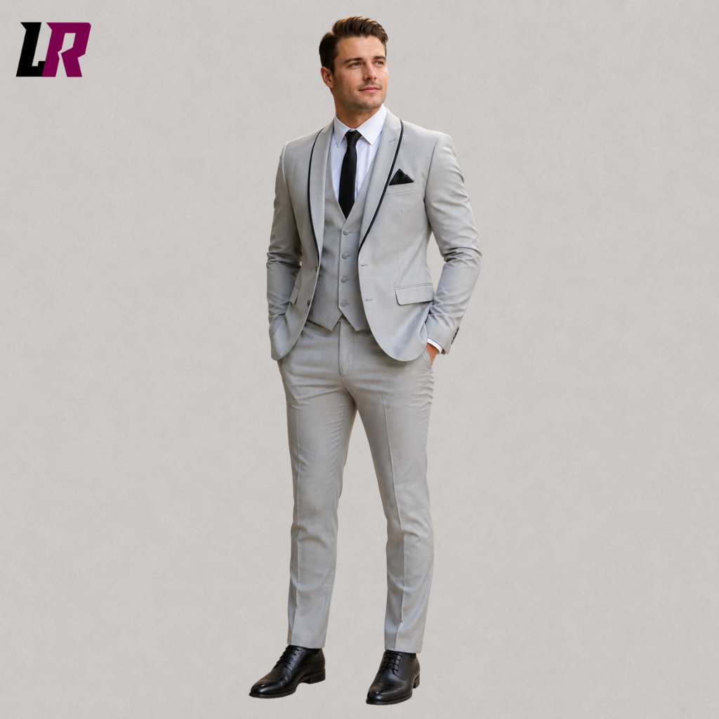 Front view of a men's light grey 3-piece tuxedo with black trim, matching waistcoat, and tailored trousers