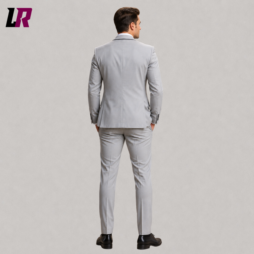 Back view of a men's light grey groom tuxedo showing the elegant tailored silhouette