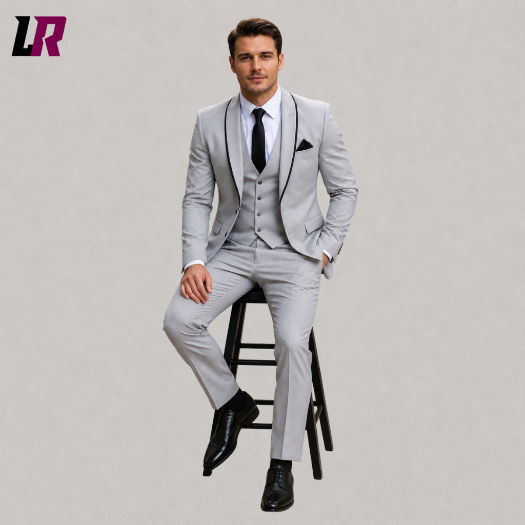Man sitting on a stool wearing a light grey 3-piece groom tuxedo with black trim for weddings and formal events