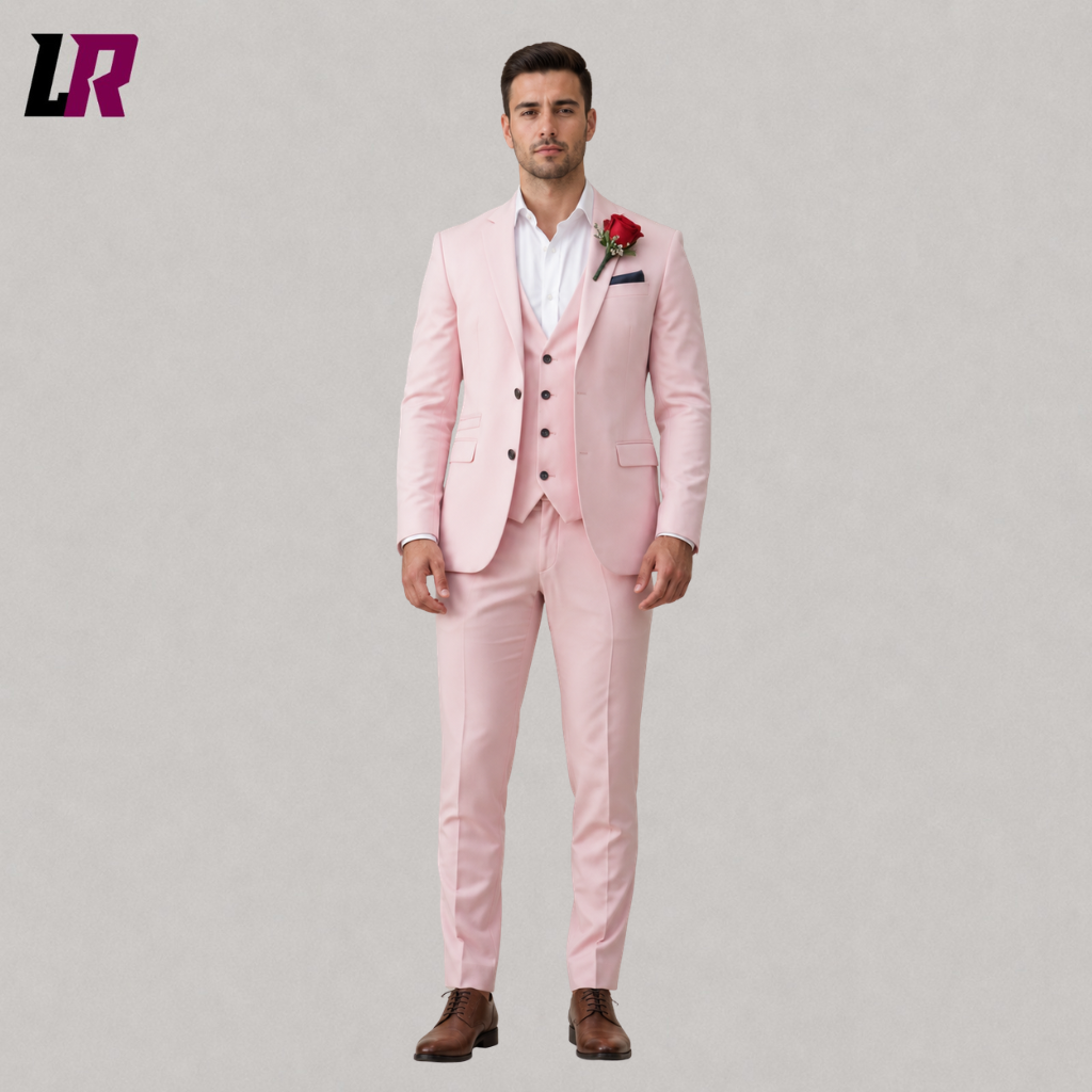 Front view of a men's pink 3-piece wedding suit with matching waistcoat and tailored trousers