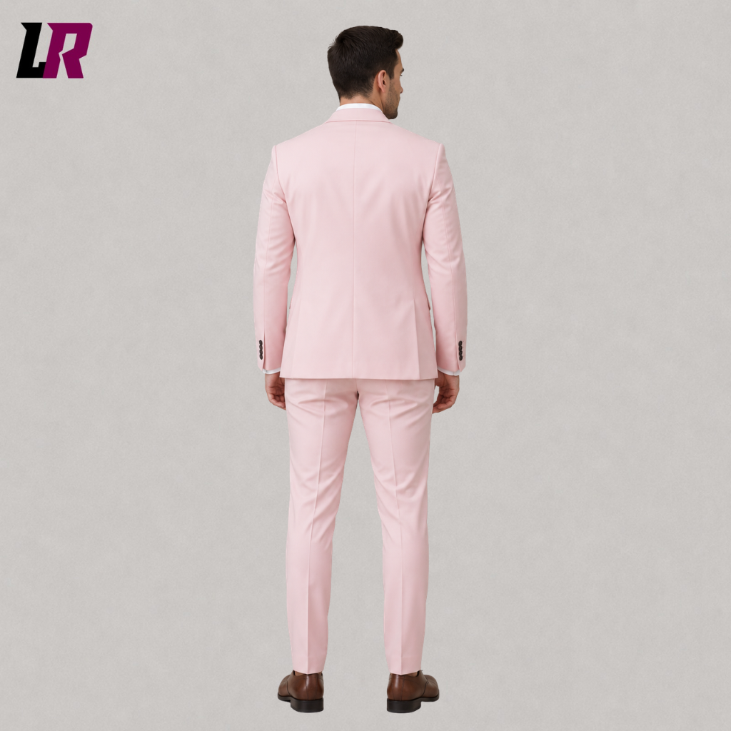 Back view of a men's blush pink formal suit showing the elegant slim-fit tailored silhouette