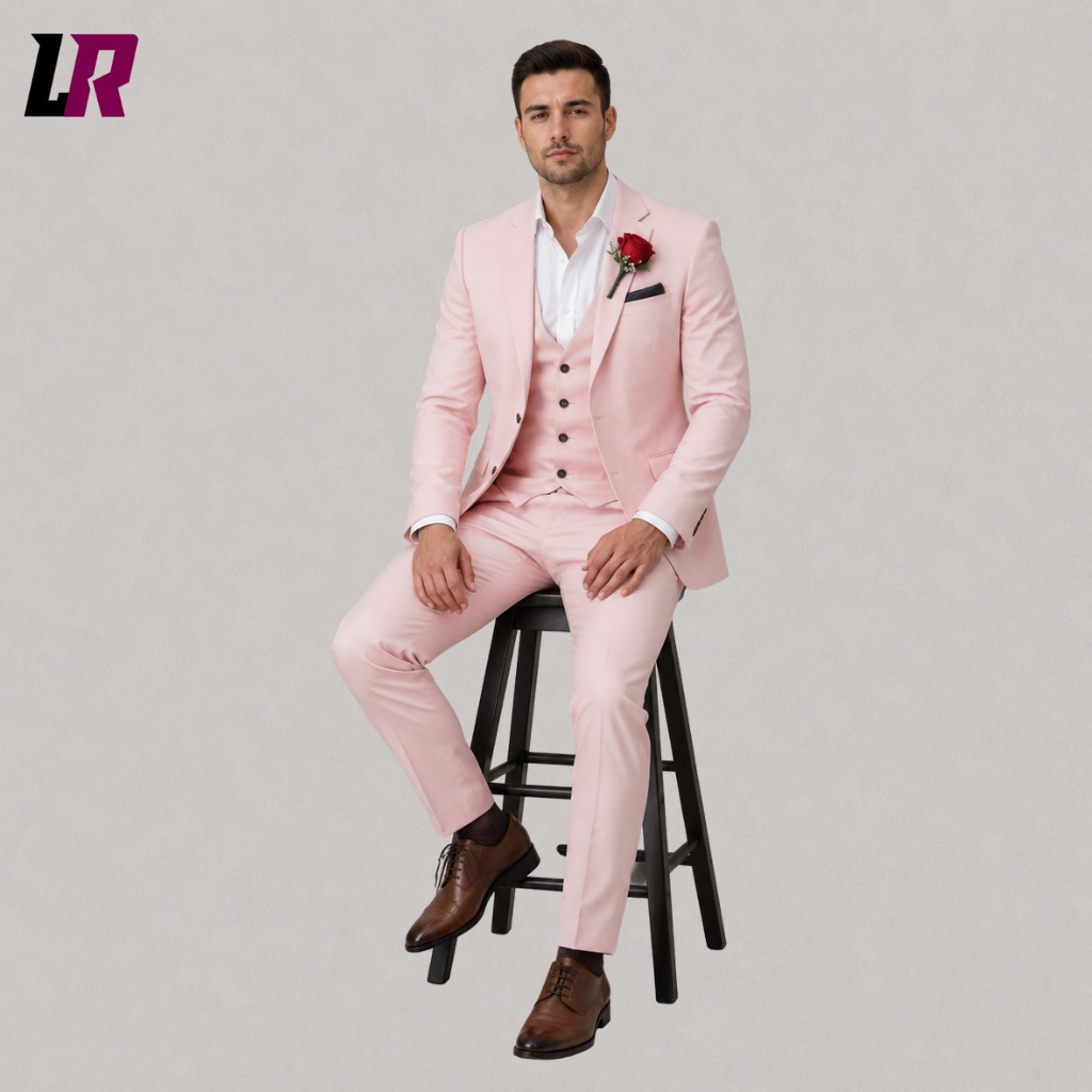 Man sitting on a stool wearing a blush pink 3-piece wedding suit for grooms, weddings, and formal events