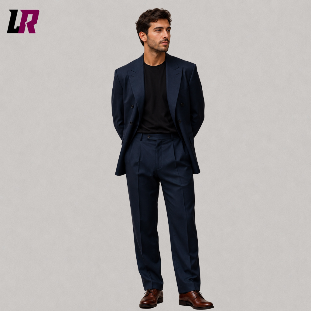 Front view of a men's navy double breasted formal suit with matching tailored trousers
