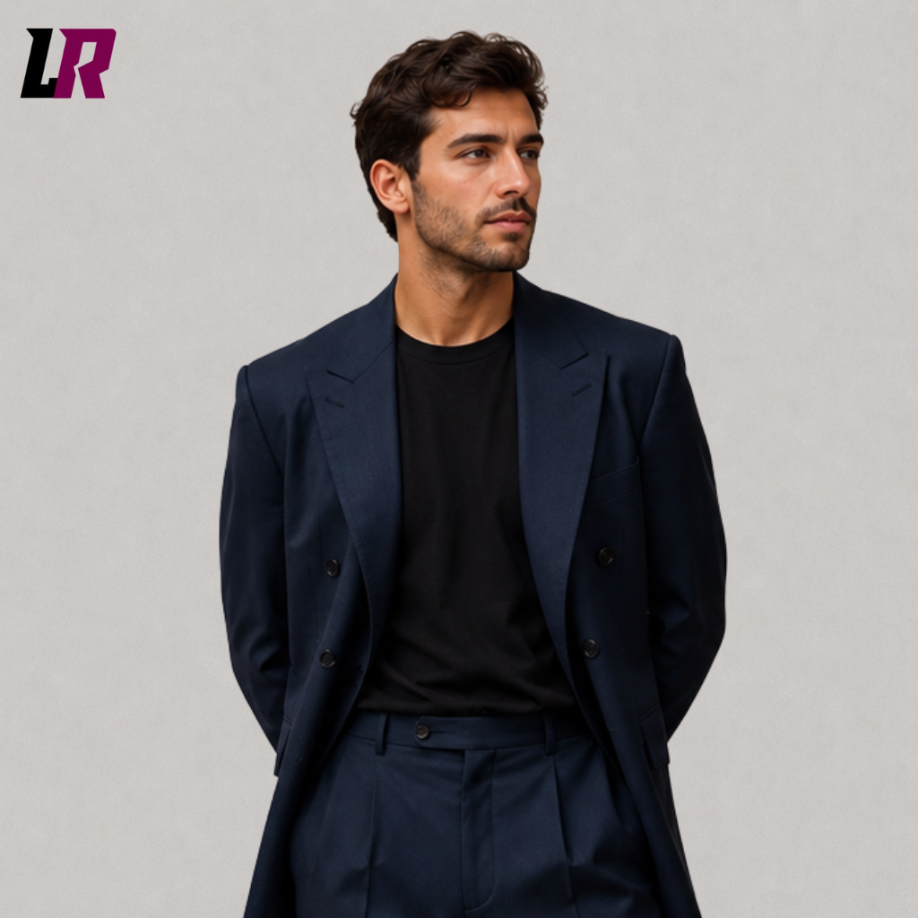 Close-up of a men's custom navy double breasted suit featuring premium fabric and handmade tailoring