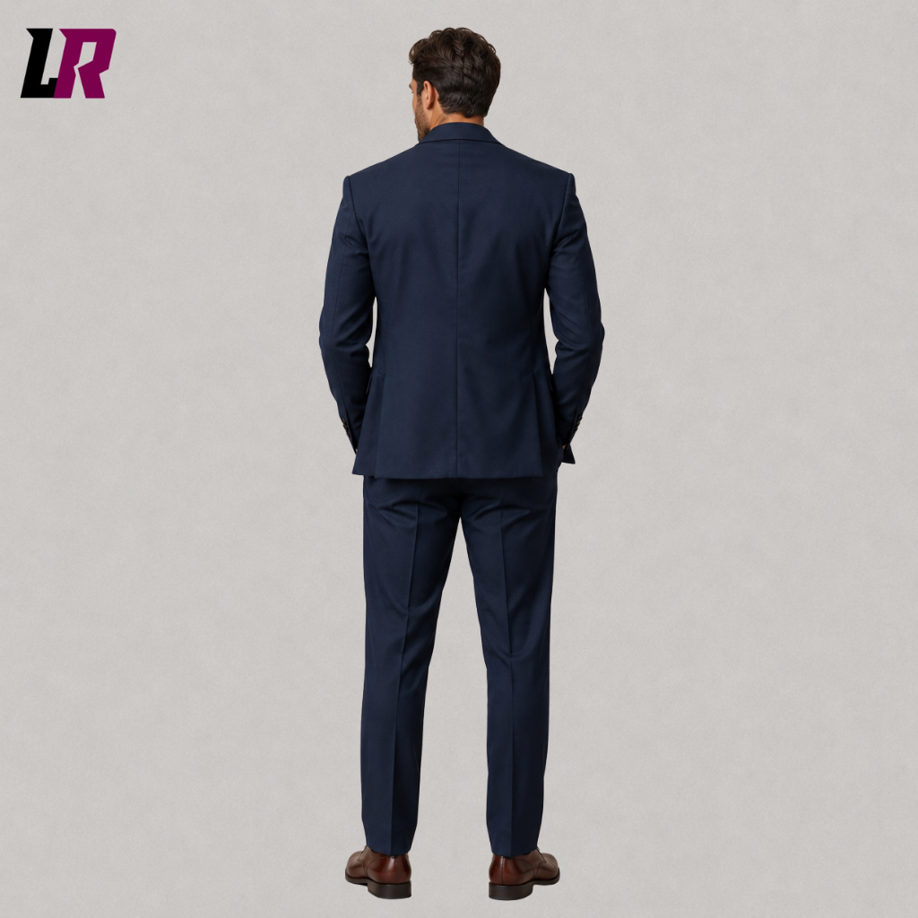 Back view of a custom navy double breasted suit showing the elegant tailored silhouette