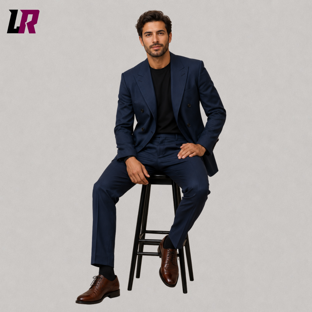 Man sitting on a stool wearing a custom navy double breasted suit for weddings, business, and formal events