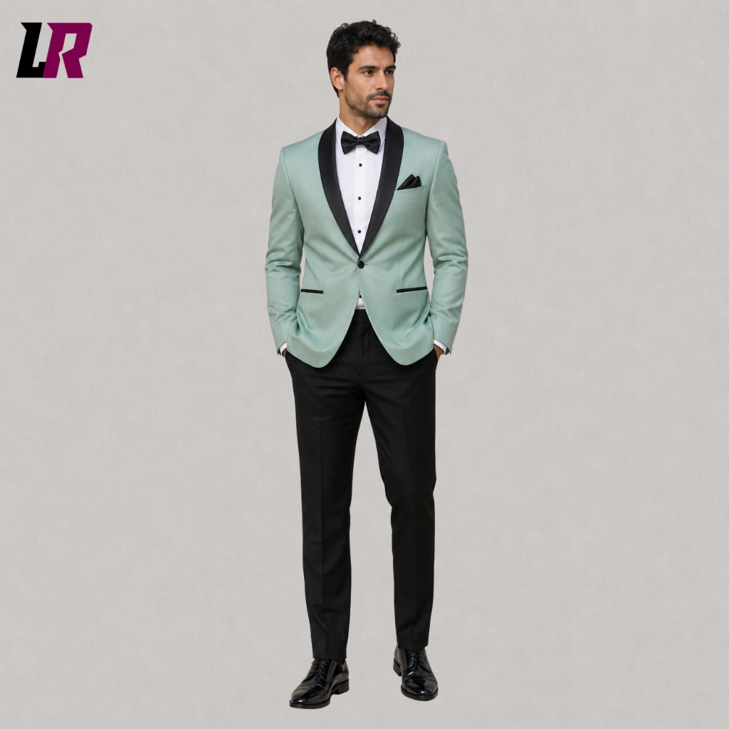 Front view of a men's mint green tuxedo jacket with black shawl lapel for weddings and formal events