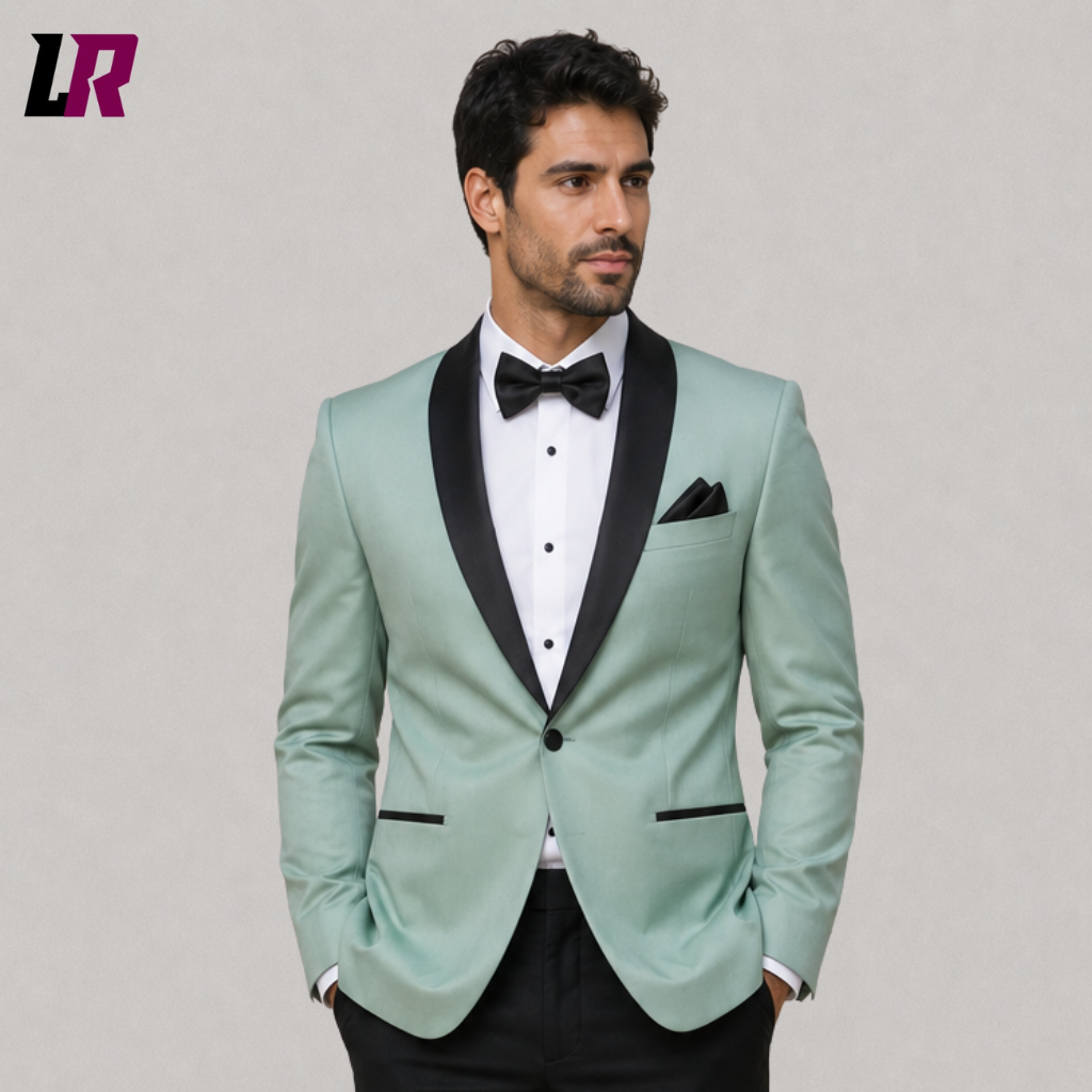 Close-up of a men's mint green tuxedo jacket featuring a black shawl lapel and premium handmade tailoring