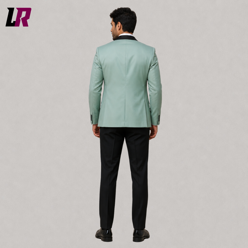 Back view of a custom mint green formal tuxedo jacket showing the elegant tailored silhouette