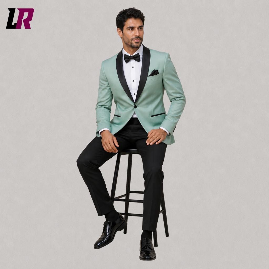 Man sitting on a stool wearing a mint green tuxedo jacket with black shawl lapel for prom and wedding events