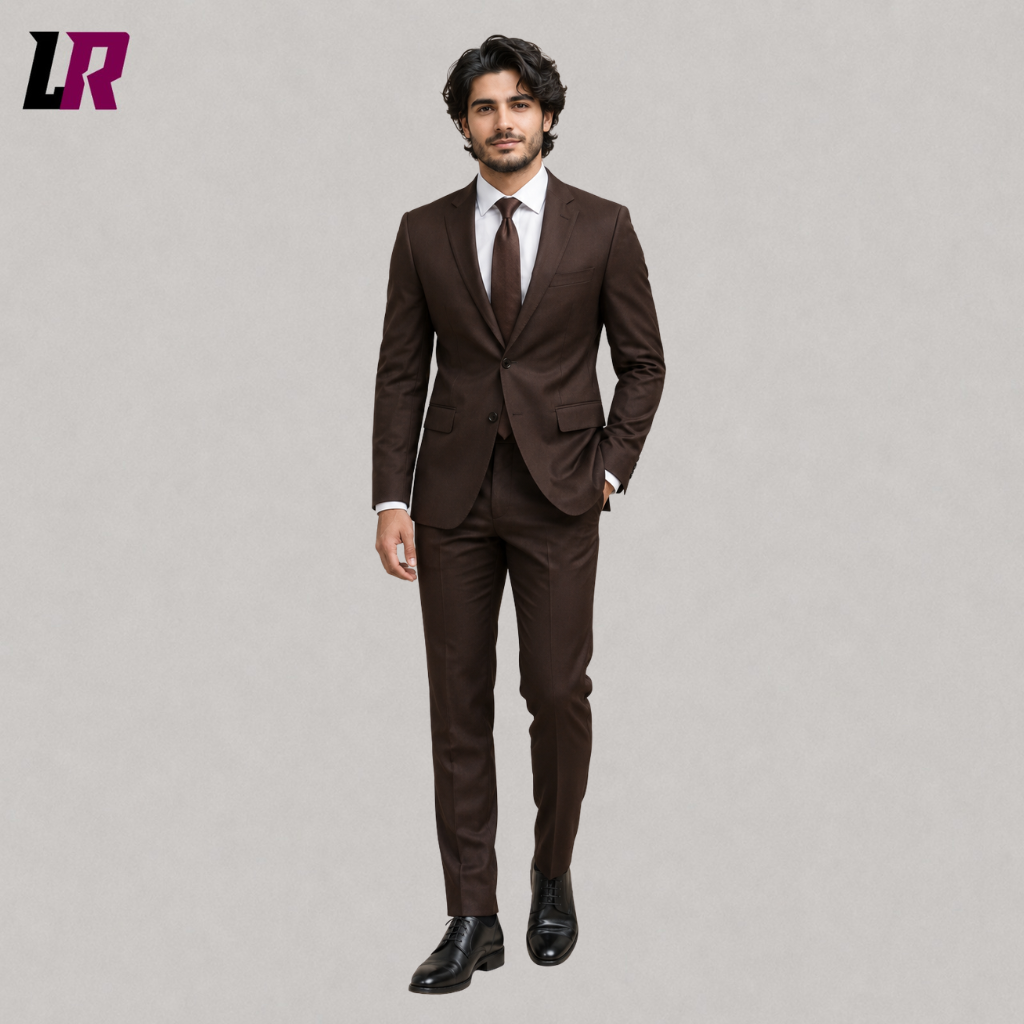 Front view of a men's brown slim-fit 2-piece wedding suit with tailored jacket and matching trousers