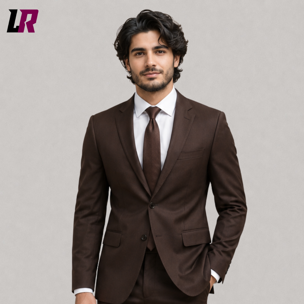 Close-up of a men's brown 2-piece suit featuring elegant tailoring and premium formal fabric
