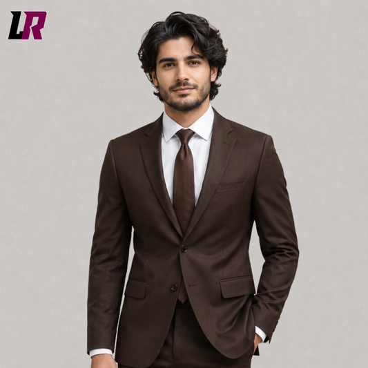 Close-up of a men's brown 2-piece suit featuring elegant tailoring and premium formal fabric