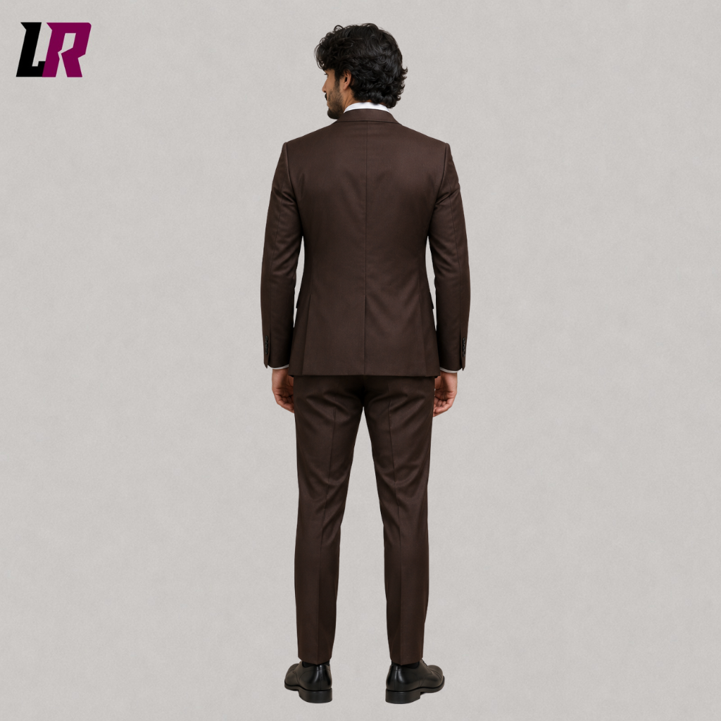 Back view of a men's brown formal suit showing the elegant slim-fit tailored silhouette