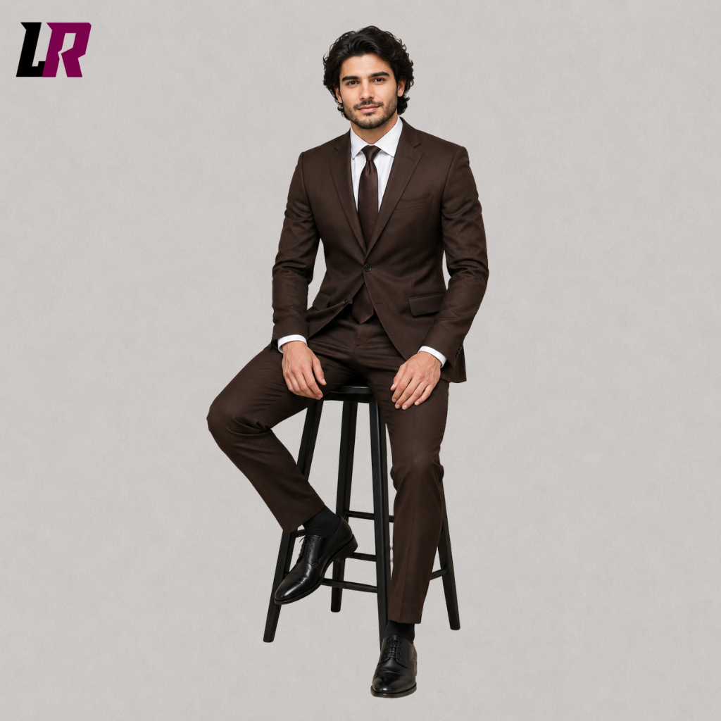 Man sitting on a stool wearing a brown 2-piece suit for weddings, business events, and formal occasions