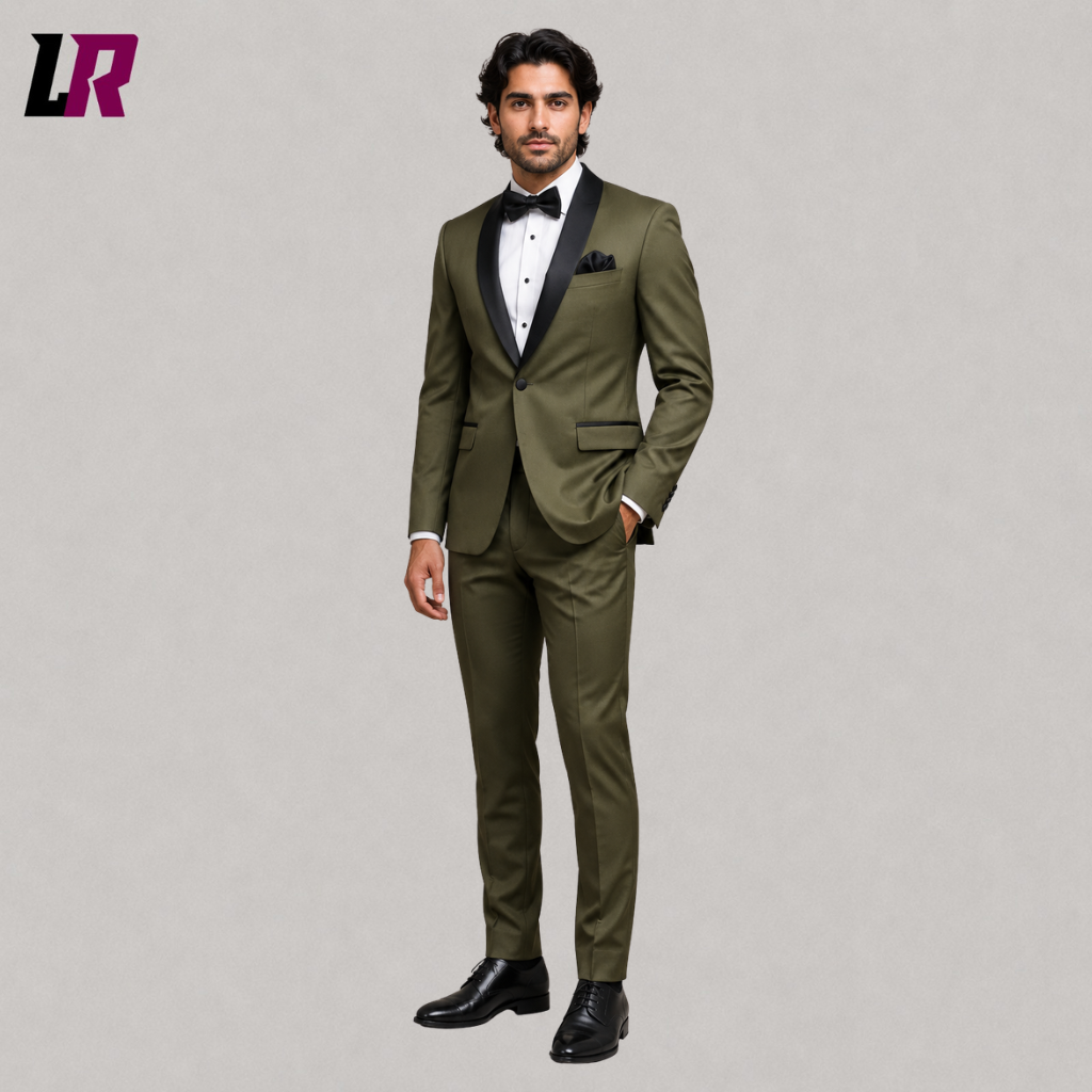 Front view of a men's olive green tuxedo jacket with shawl lapel for weddings and formal events