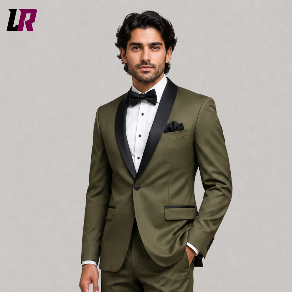 Close-up of a men's olive green tuxedo jacket featuring an elegant shawl lapel and handmade tailoring