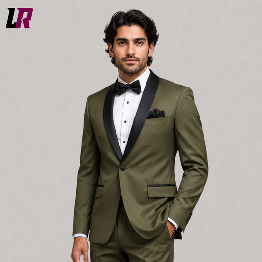 Close-up of a men's olive green tuxedo jacket featuring an elegant shawl lapel and handmade tailoring