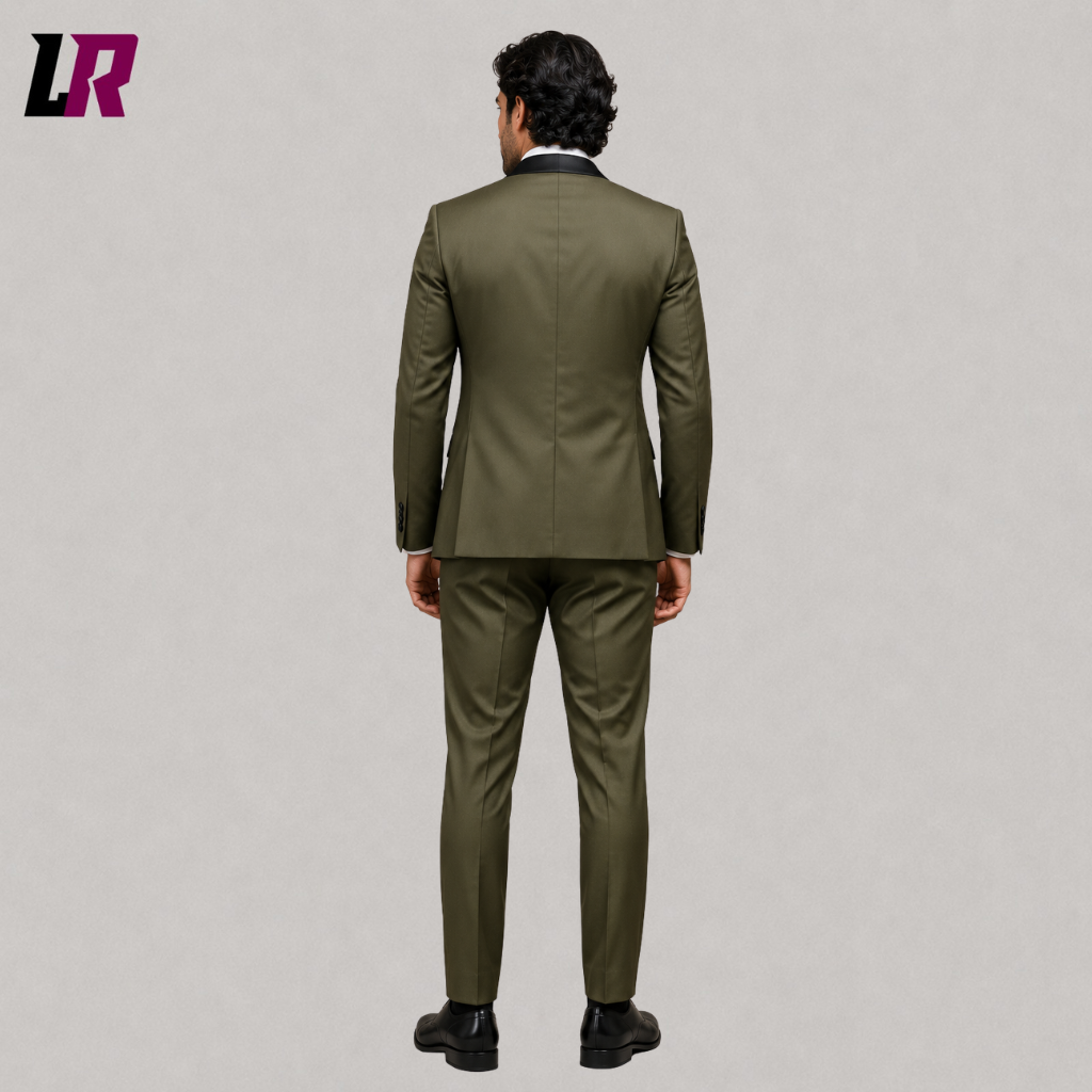 Back view of a custom olive green formal tuxedo jacket showing the elegant tailored silhouette
