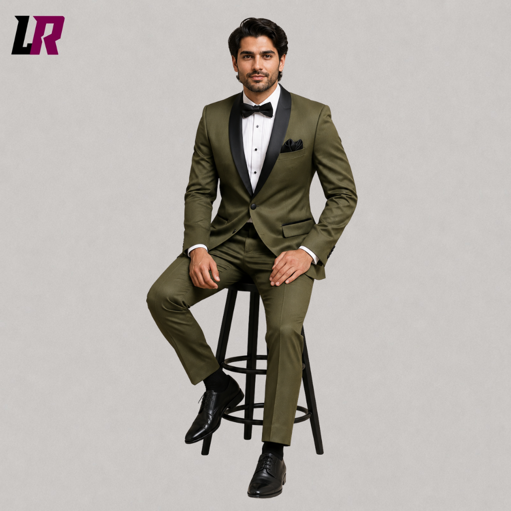 Man sitting on a stool wearing an olive green tuxedo jacket for weddings, prom, and formal events