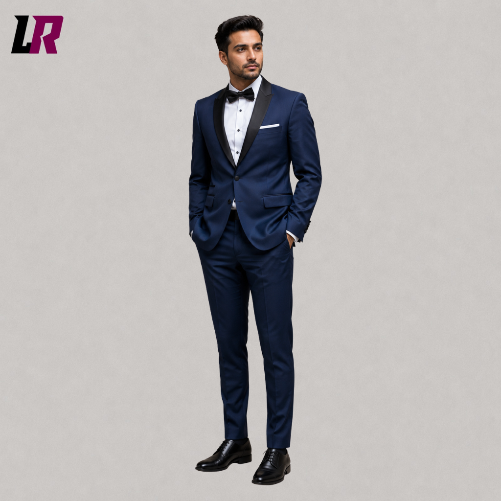 Front view of a men's teal blue tuxedo suit with shawl lapel and tailored formal trousers