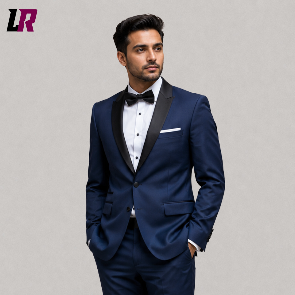 Close-up of a men's teal blue tuxedo featuring an elegant shawl lapel, premium fabric, and handmade tailoring