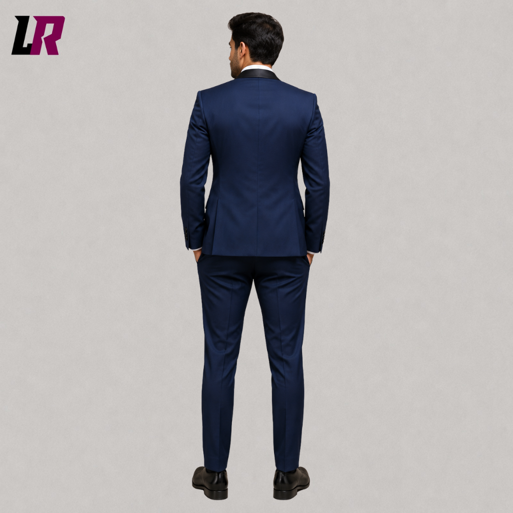 Back view of a custom teal blue formal tuxedo showing the elegant tailored silhouette