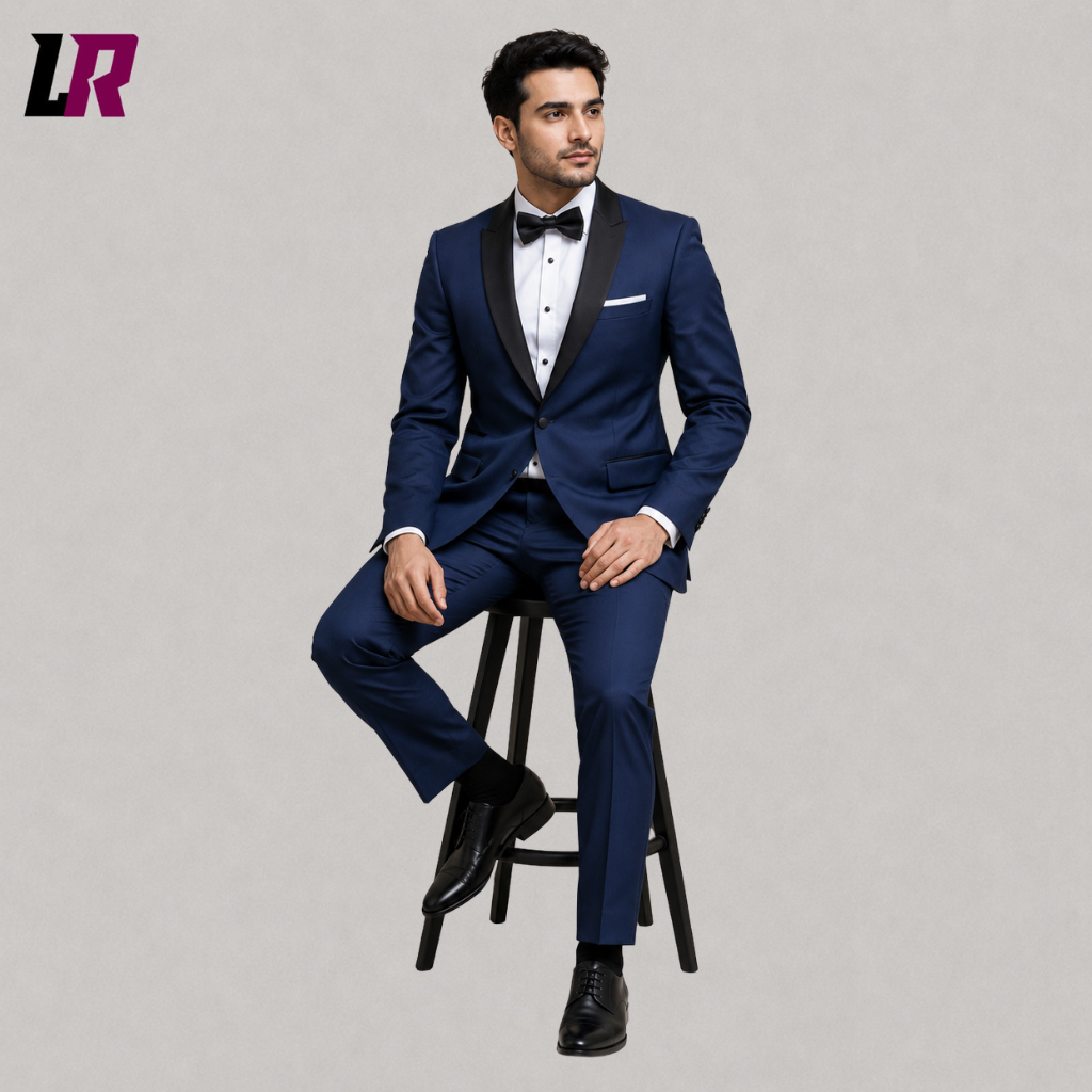 Man sitting on a stool wearing a teal blue tuxedo suit for weddings, prom, and formal events
