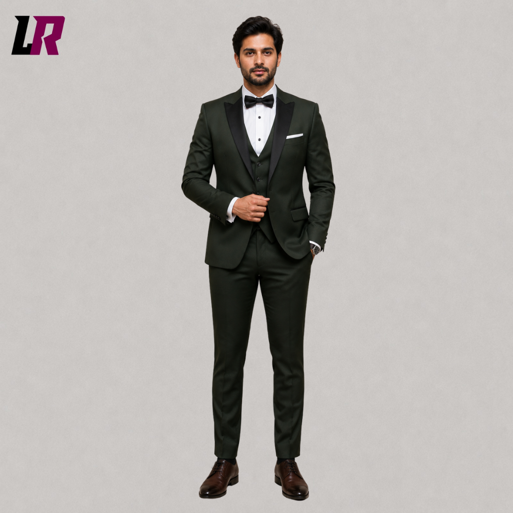Front view of a men's dark green 3-piece tuxedo with black shawl lapel, matching waistcoat, and tailored trousers