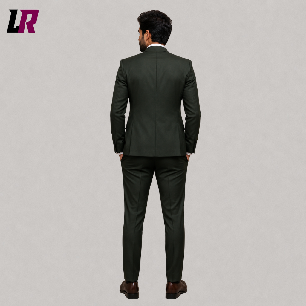 Back view of a custom dark green formal tuxedo showing the elegant tailored silhouette
