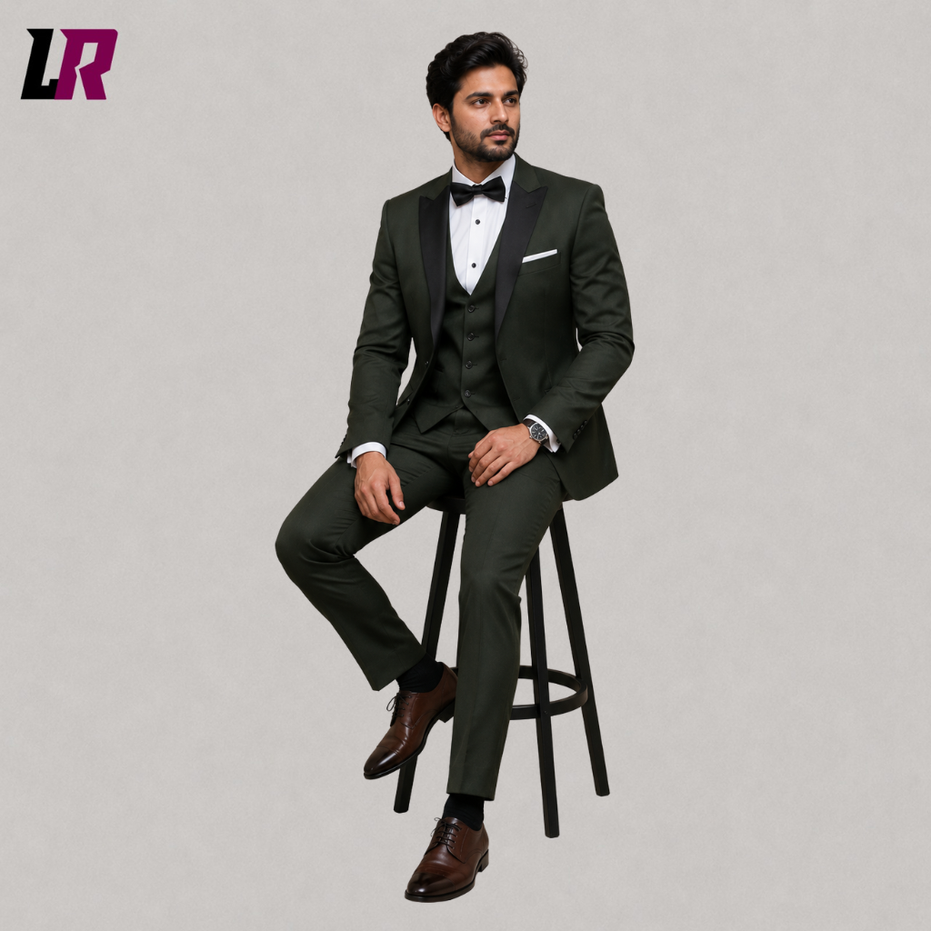 Man sitting on a stool wearing a dark green 3-piece tuxedo with black shawl lapel for weddings and formal events