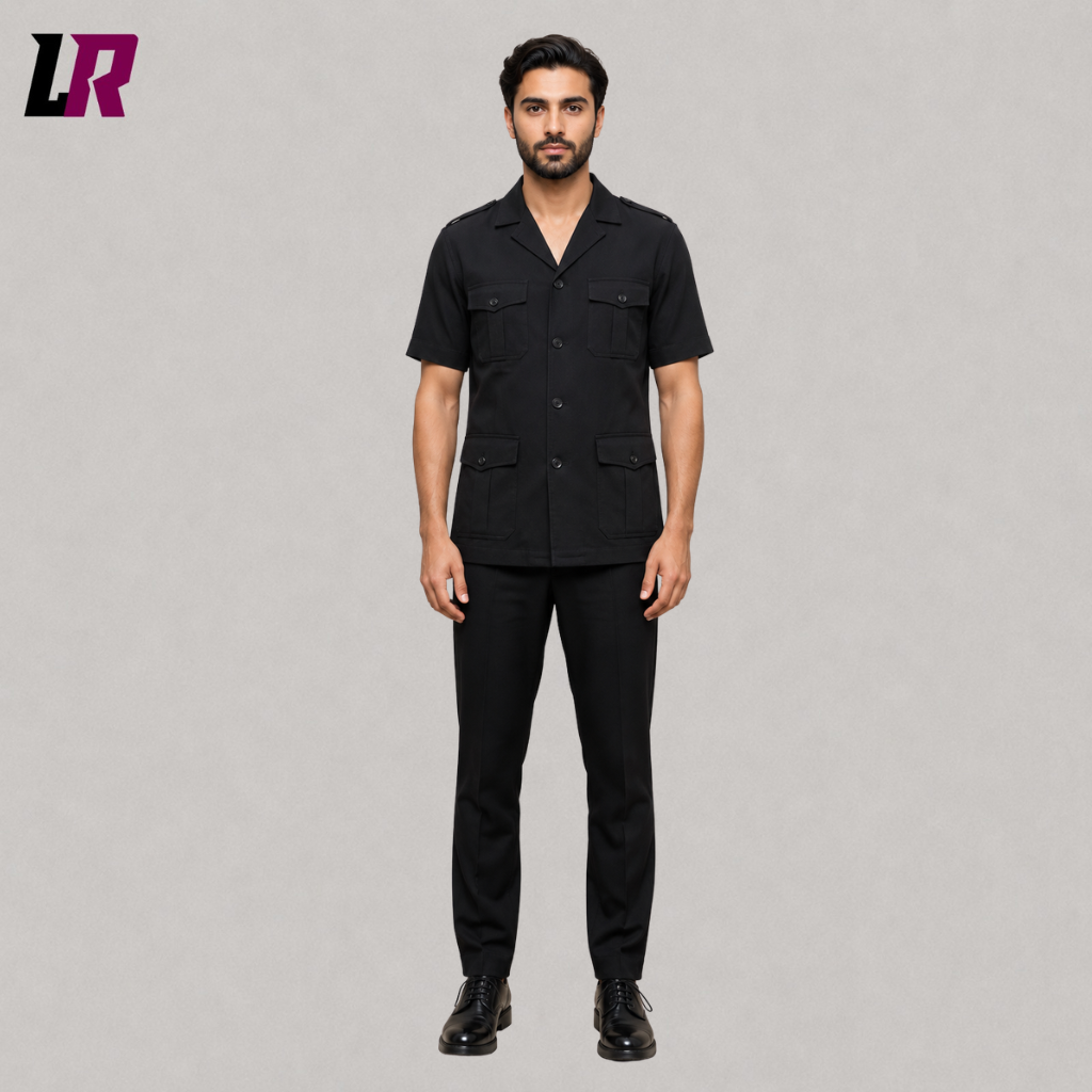 Front view of a men's black safari suit set with short sleeve shirt and matching tailored trousers