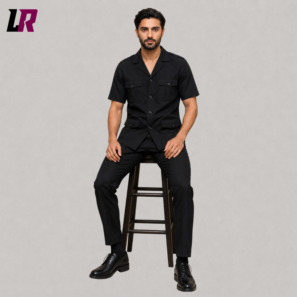 Man sitting on a stool wearing a black safari suit set with vintage military-inspired styling