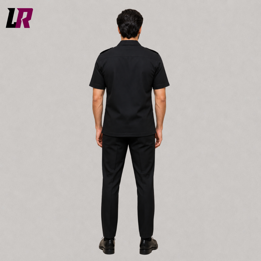 Back view of a men's black vintage safari outfit showing the structured tailored silhouette