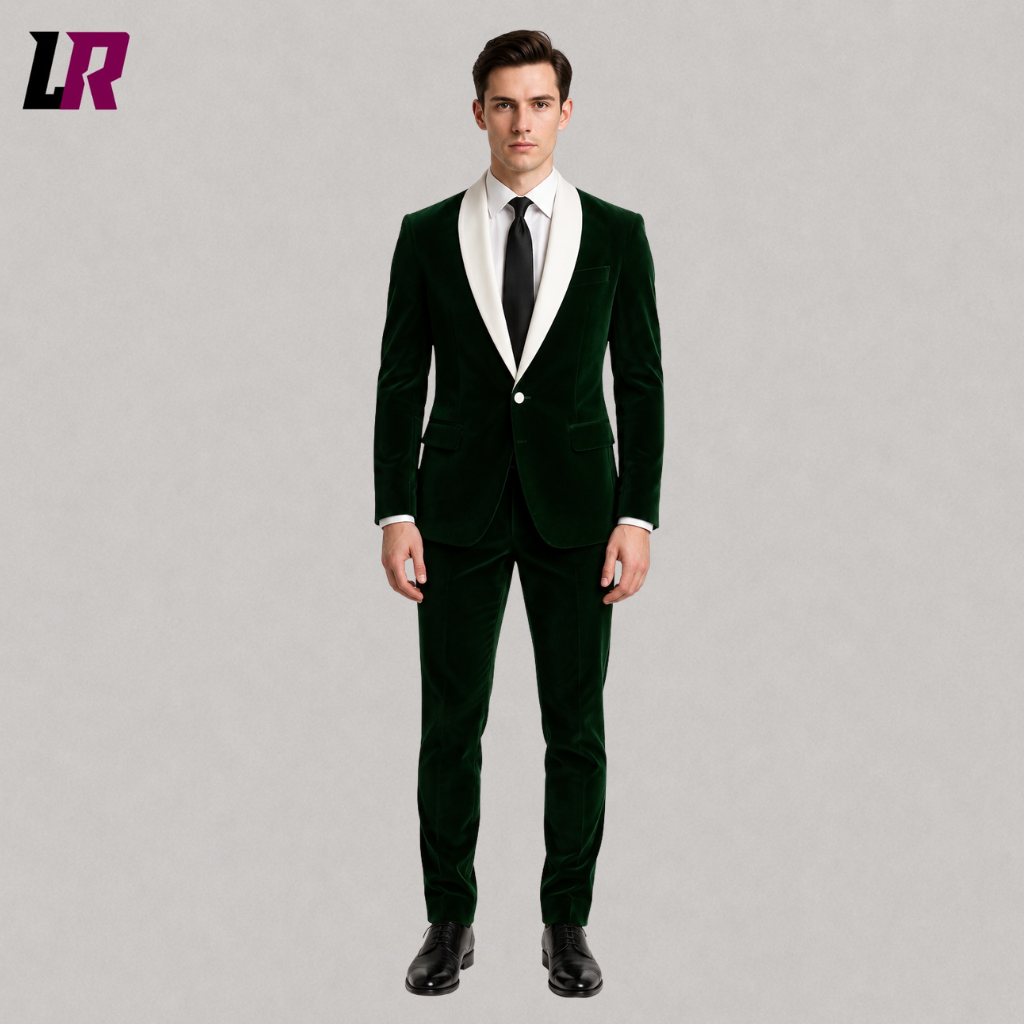 Front view of a men's emerald green 2-piece tuxedo with black satin shawl lapel and matching trousers
