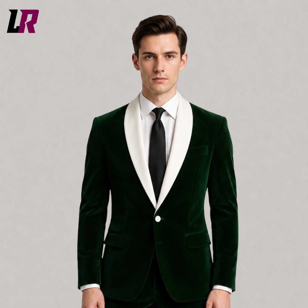 Close-up of a men's emerald green tuxedo featuring a black satin shawl lapel and premium tailored craftsmanship