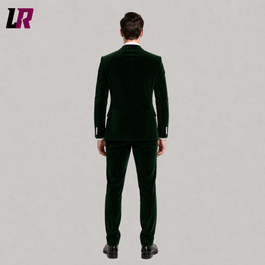 Back view of a custom emerald green formal tuxedo showing the elegant tailored silhouette