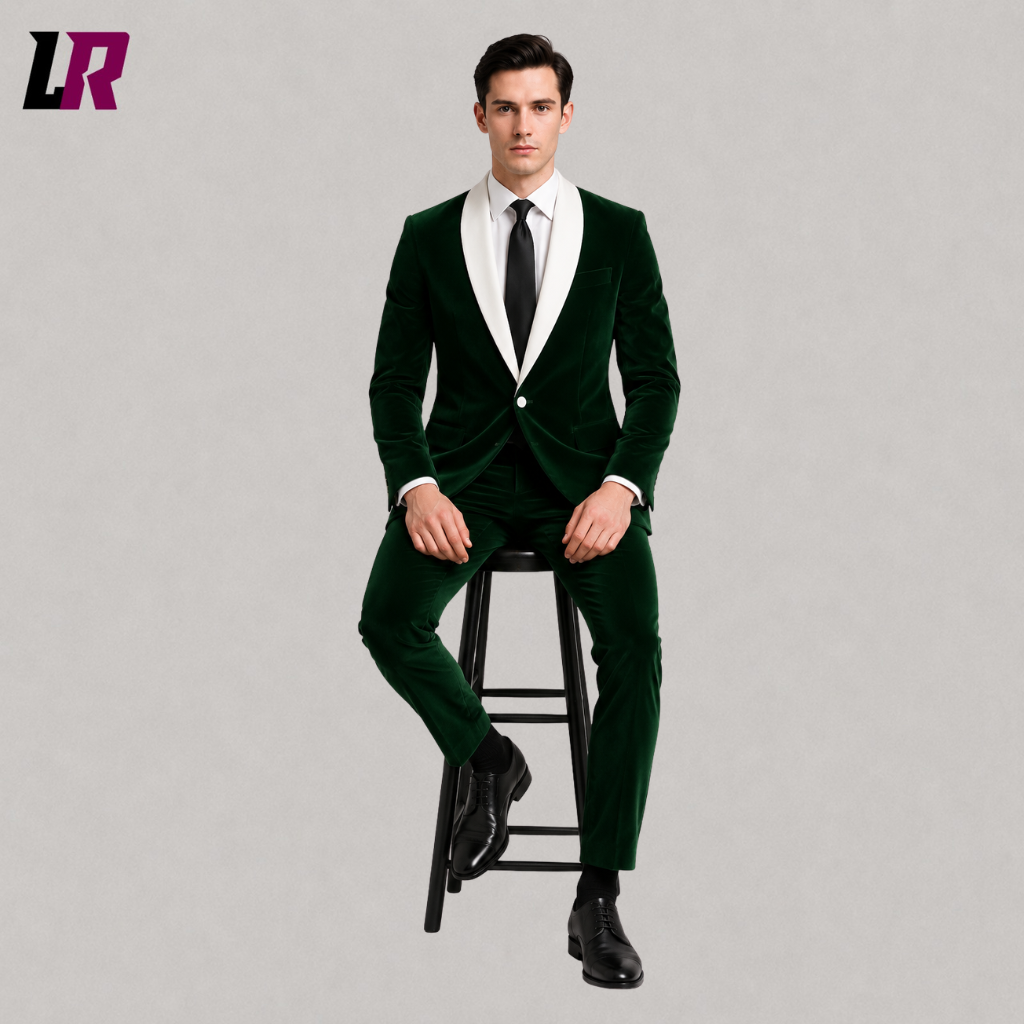 Man sitting on a stool wearing an emerald green tuxedo with black satin shawl lapel for weddings and formal events