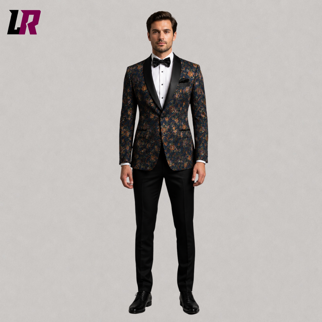 Front view of a men's navy floral brocade tuxedo jacket for weddings, prom, and formal events