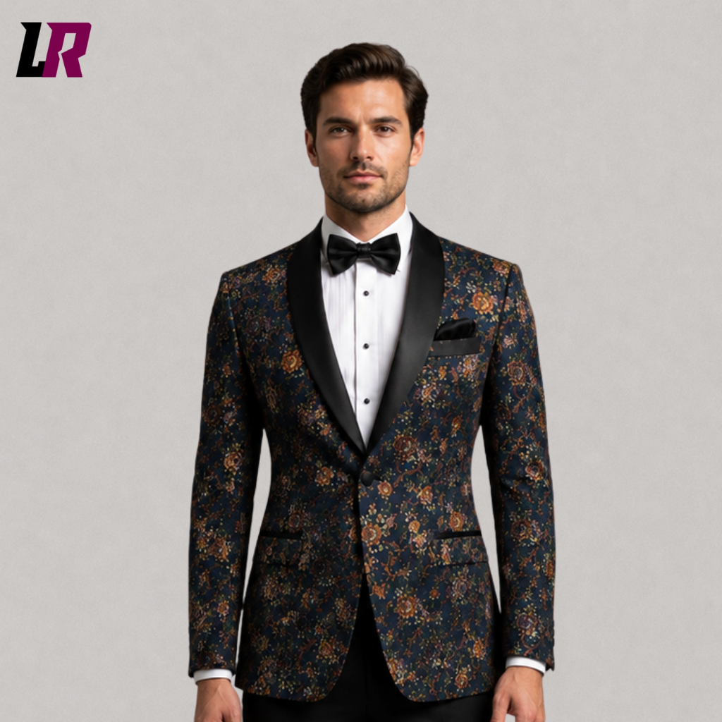 Close-up of a men's navy floral wedding tuxedo featuring luxury brocade fabric and elegant patterned detailing