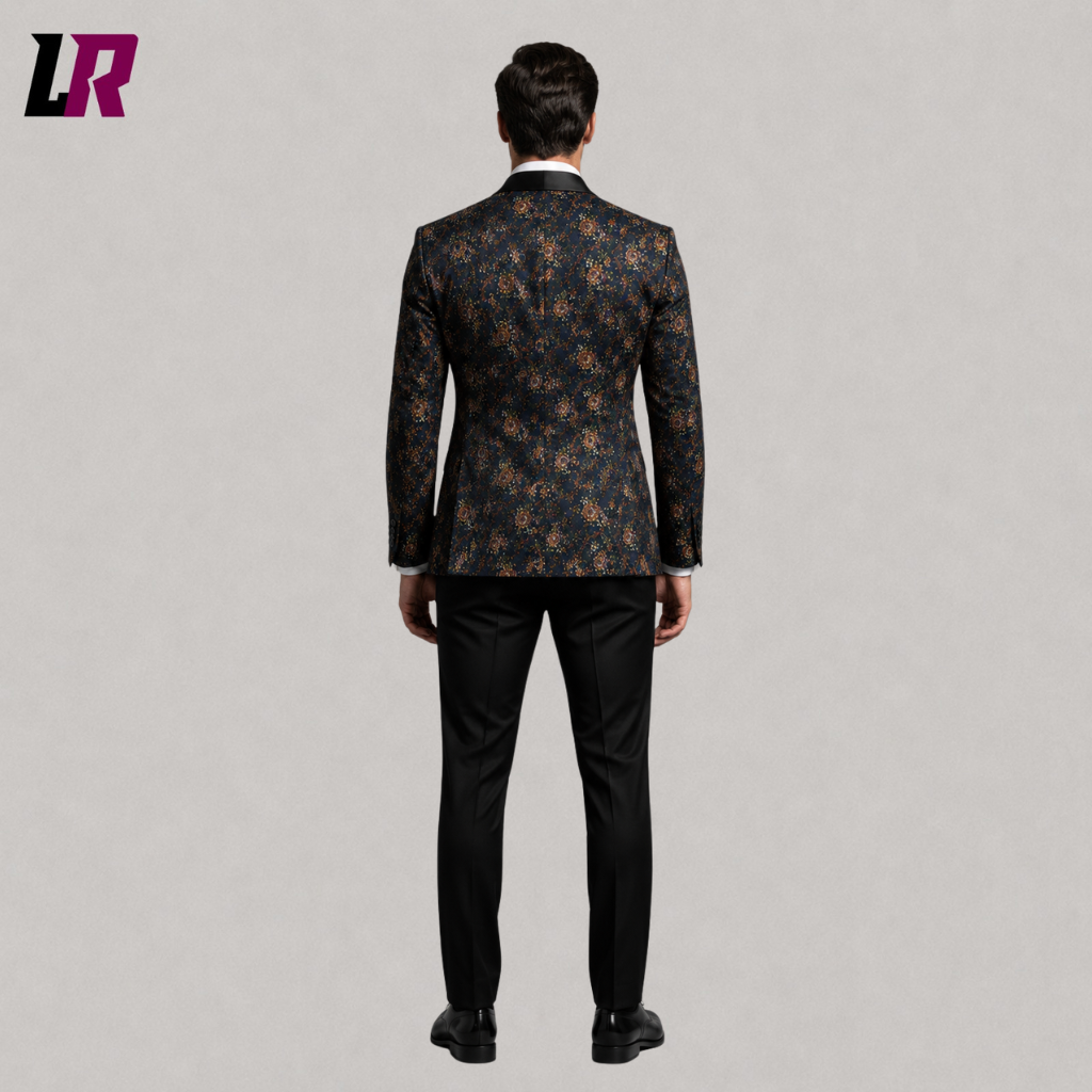 Back view of a men's navy floral brocade formal jacket showing the elegant tailored silhouette