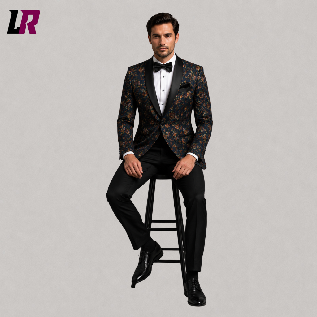 Man sitting on a stool wearing a navy floral brocade tuxedo jacket for wedding and evening formalwear