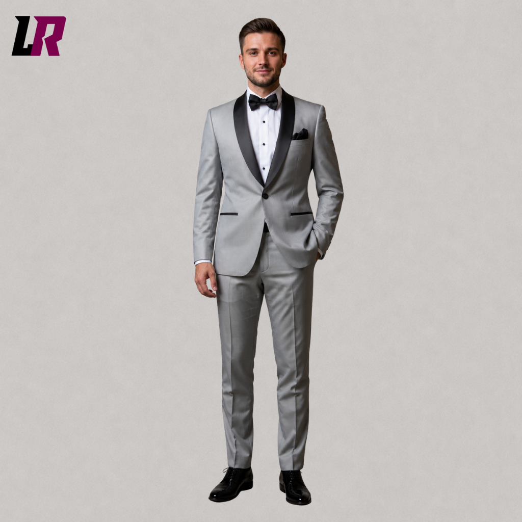 Front view of a men's silver grey tuxedo suit with shawl lapel and tailored formal trousers