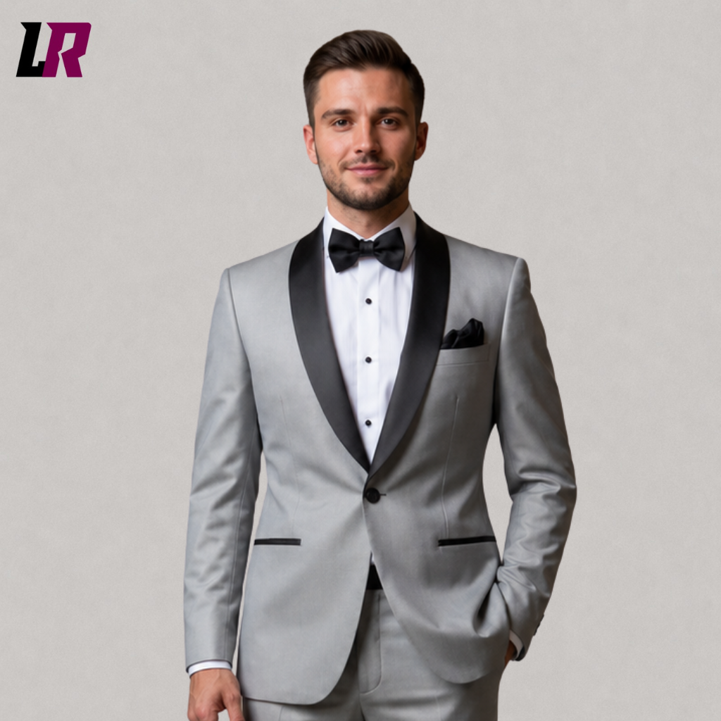 Close-up of a men's silver grey tuxedo featuring an elegant shawl lapel, premium fabric, and handmade tailoring