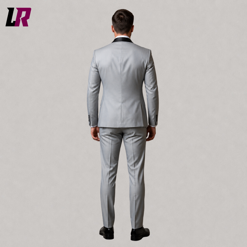 Back view of a custom silver grey formal tuxedo showing the elegant tailored silhouette
