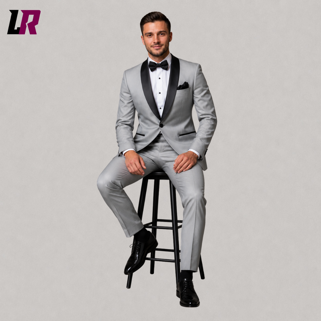 Man sitting on a stool wearing a silver grey tuxedo suit for weddings, prom, and formal events